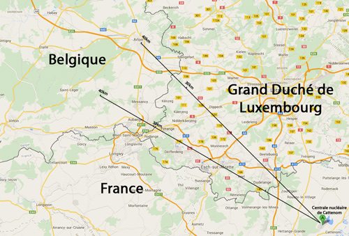 Carte de la frontière (Belgique, France, Luxembourg) - Cattenom 30 km de la Belgique