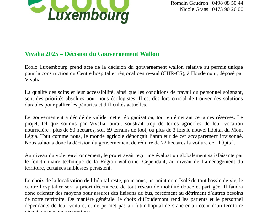 Communiqué de presse –  Vivalia 2025 : décision du Gouvernement Wallon