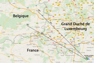 Carte de la frontière (Belgique, France, Luxembourg) - Cattenom 30 km de la Belgique